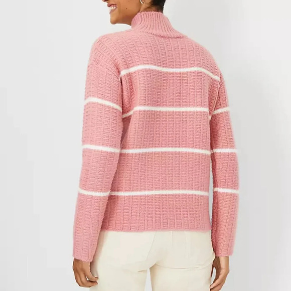 Ann Taylor Wool Blend Pink White Stripe Ribbed Turtleneck Sweater. Size Large. - Picture 4 of 11